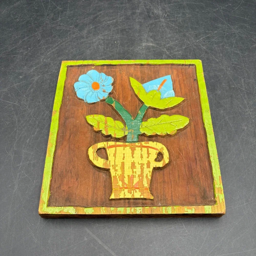 Vtg Retro Hand Carved Wood Floral Plaque Folk Art Flower Vase Relief Painting